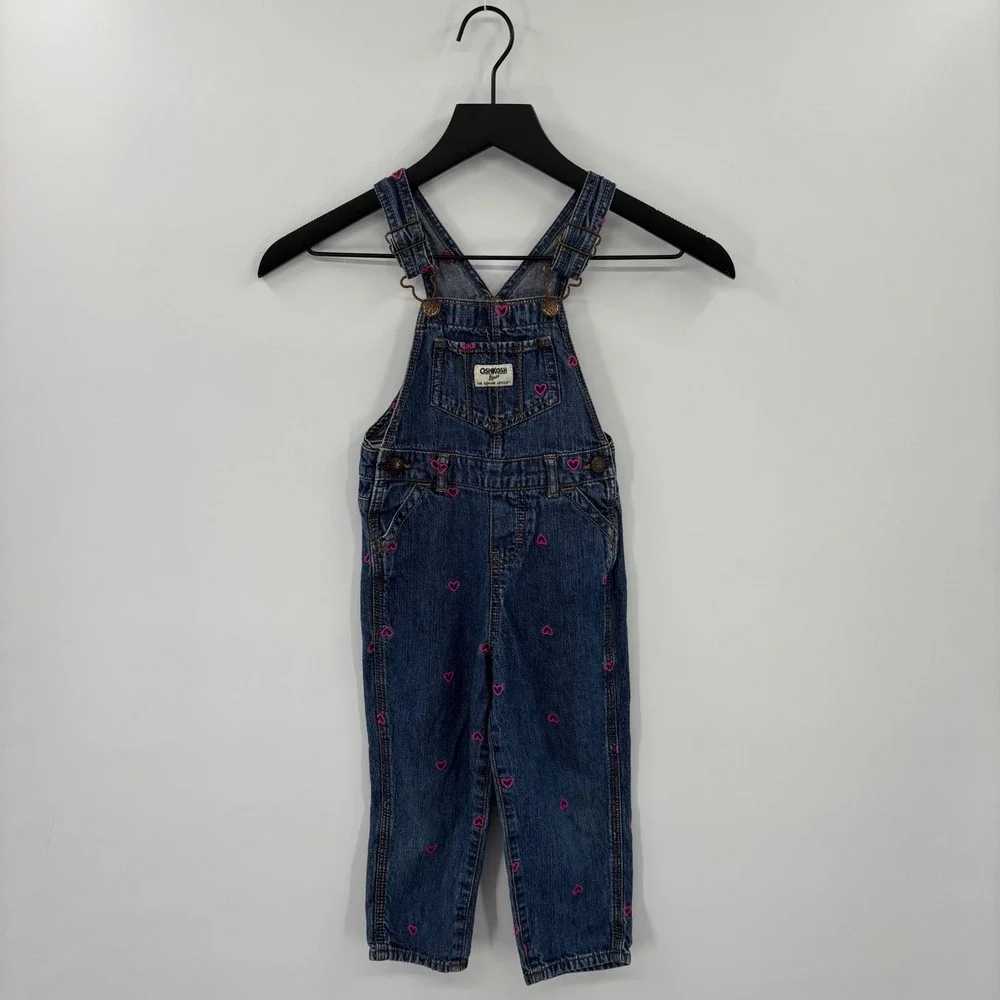 OshKosh B'gosh Heart Denim Overalls Kids 3T Blue Pink Embroidered Bib Dungarees